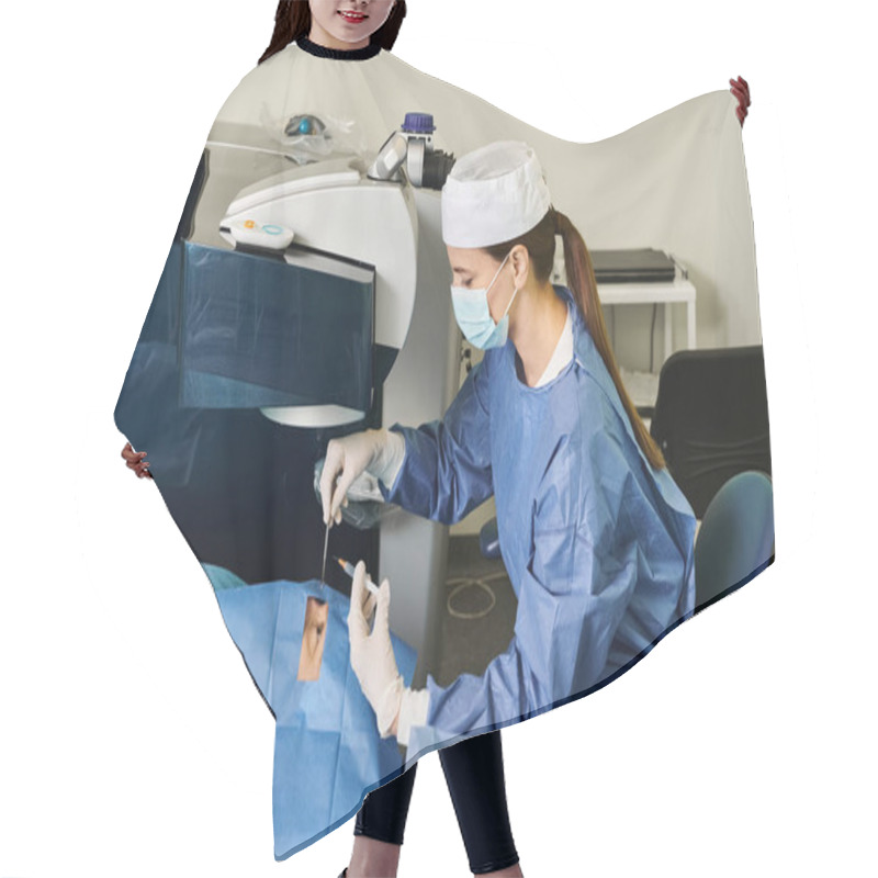 Personality  A Woman In Scrubs Performs Laser Vision Correction Procedure. Hair Cutting Cape