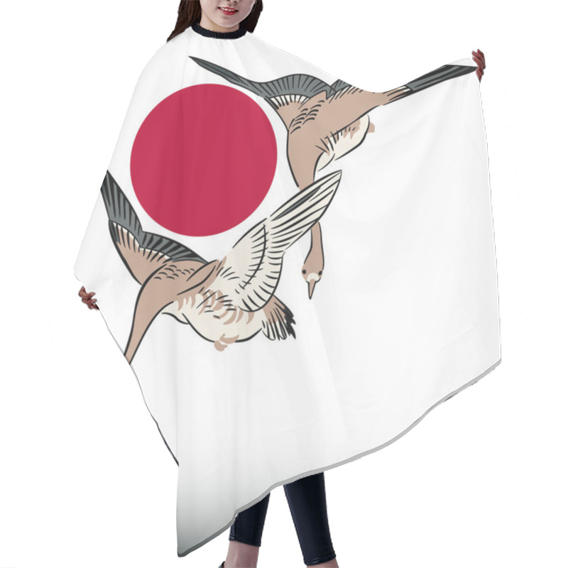 Personality  Two Geese Fly In Front Of A Red Rising Sun, The Symbol Of The National Flag Of Japan. After A Woodblock Print Detail Of The Meiji Era By Yoshitoshi. Illustration. Vector Hair Cutting Cape