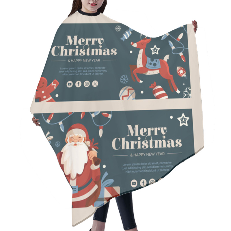 Personality  Merry Christmas And Happy New Year Horizontal Banner Template Set. Cartoon Illustration Of Santa Claus, Deer And Christmas Decorations Hair Cutting Cape