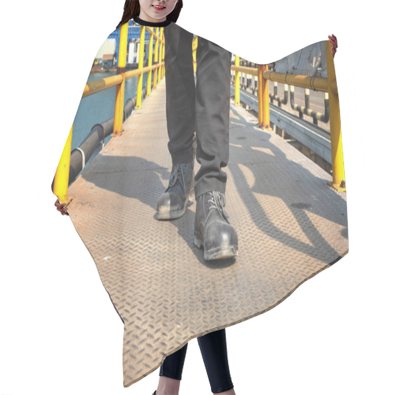 Personality  Safety Shoe Of Worker Step On The Steel Checker Plate In Safety Walkway At Workplace Hair Cutting Cape