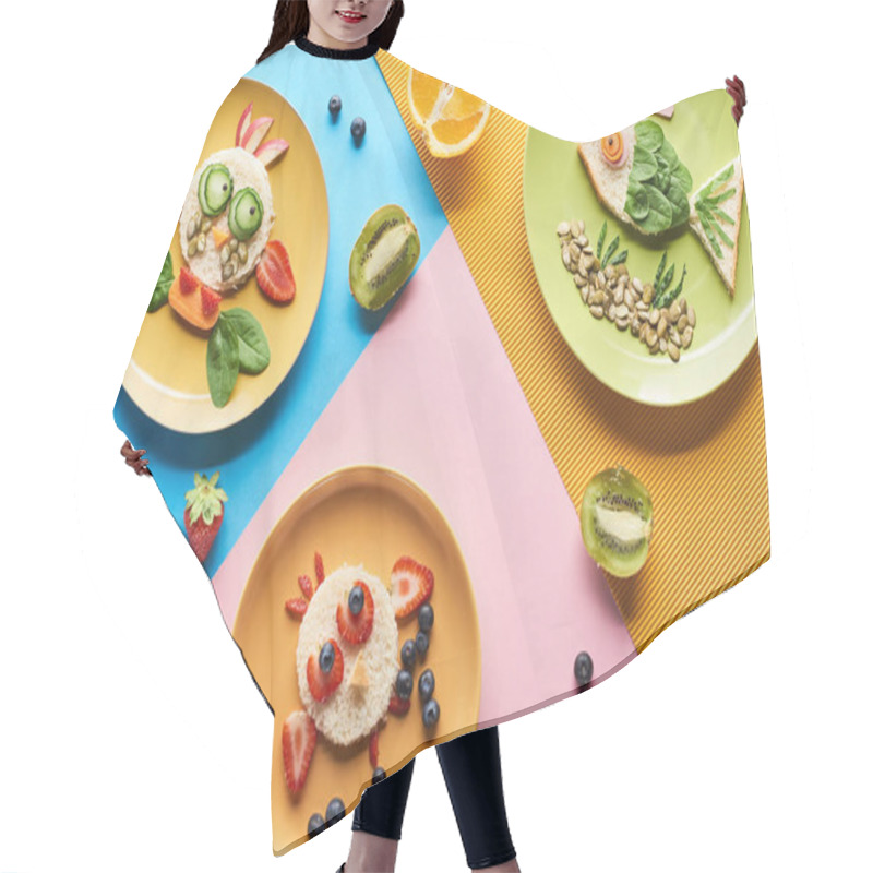 Personality  Top View Of Plates With Fancy Animals Made Of Food For Childrens Breakfast On Blue, Yellow And Pink Background Hair Cutting Cape