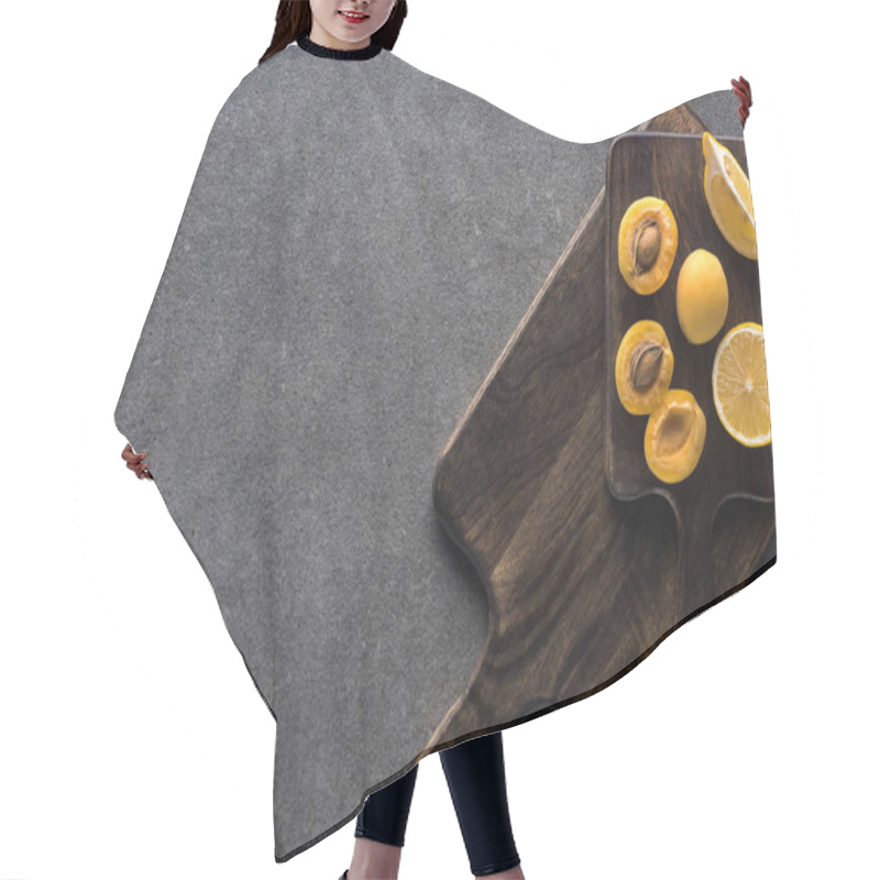 Personality  Top View Of Yellow Lemons And Apricots On Wooden Cutting Boards On Grey Textured Background With Copy Space Hair Cutting Cape