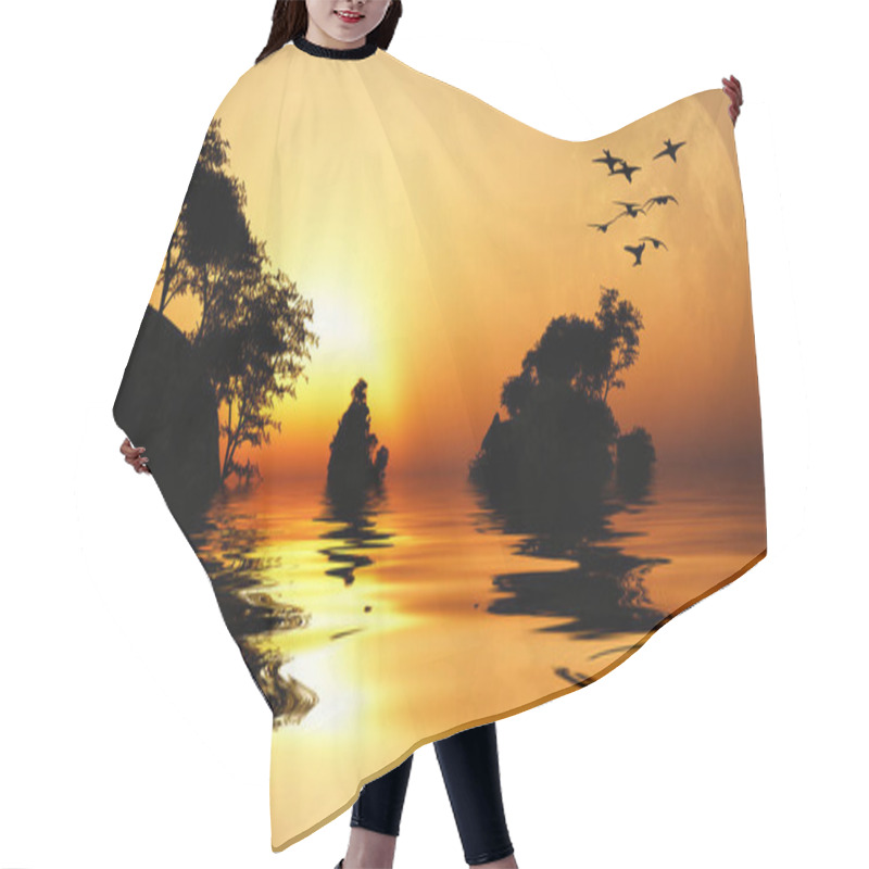 Personality  Small Islands On Sunset. Full Moon And Birds In The Sky Hair Cutting Cape