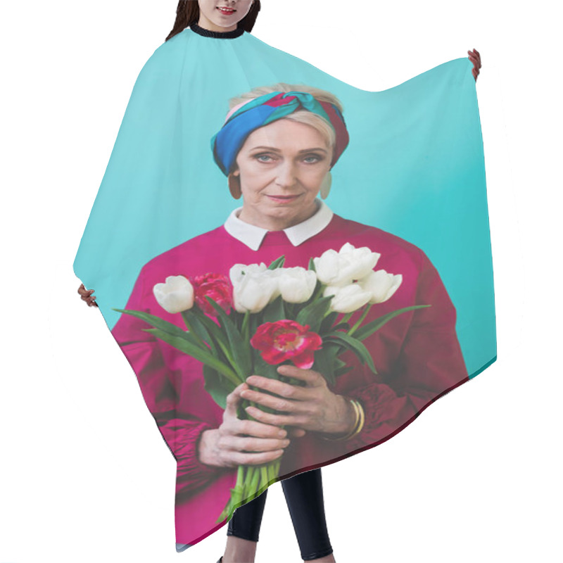 Personality  Attractive Senior Woman With Bouquet Of Tulips, Isolated On Turquoise Hair Cutting Cape