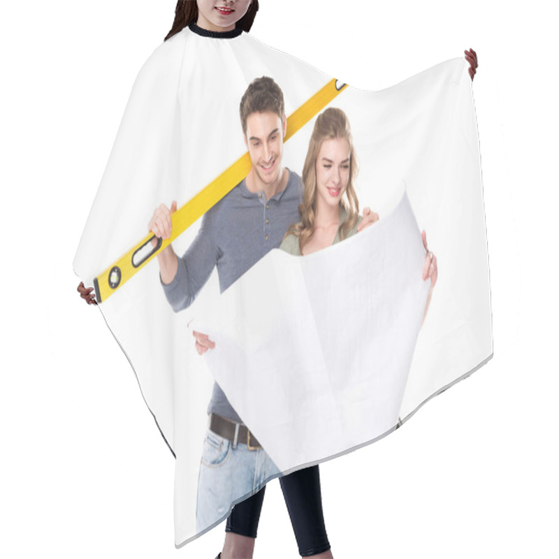 Personality  Young Couple With Blueprint  Hair Cutting Cape