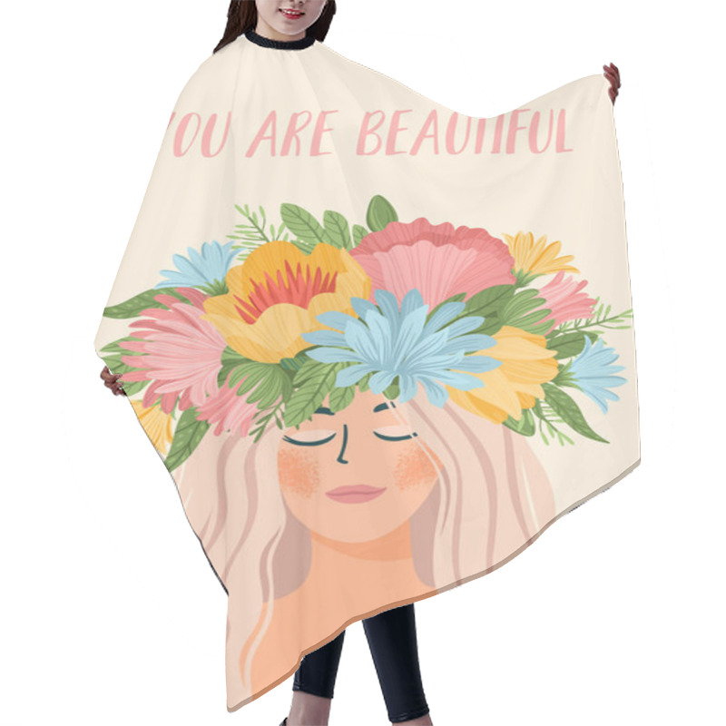 Personality  Vector Illustration With Woman In Flower Wreath. International Women S Day Concept For Card, Poster, Flyer And Other Hair Cutting Cape