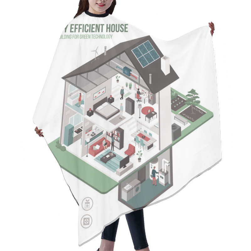 Personality  Contemporary Energy Efficient Isometric Eco House Cross Section And Room Interiors On White Background With Icons And People Hair Cutting Cape