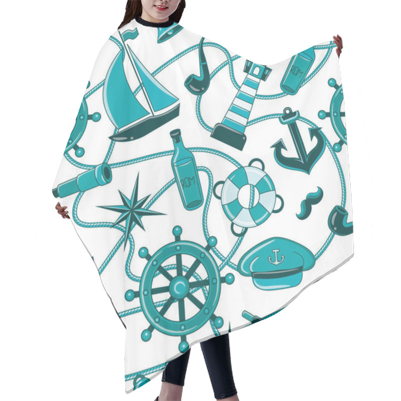 Personality  Sailor Pattern. Seamless Pattern Of A Pirate Ship And Attributes Hair Cutting Cape