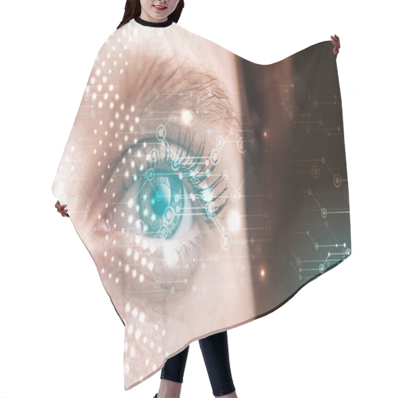 Personality  Close Up View Of Human Eye With Data Illustration, Robotic Concept Hair Cutting Cape