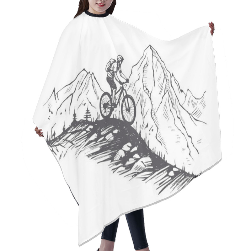 Personality  Hand Drawn Illustration Of A Mountain Biker Ascending A Steep Slope, With Towering Peaks In The Background. Hair Cutting Cape