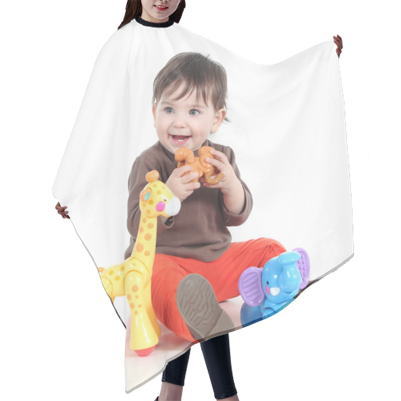 Personality  Pretty Little Baby Girl Playing With Animal Toys Hair Cutting Cape