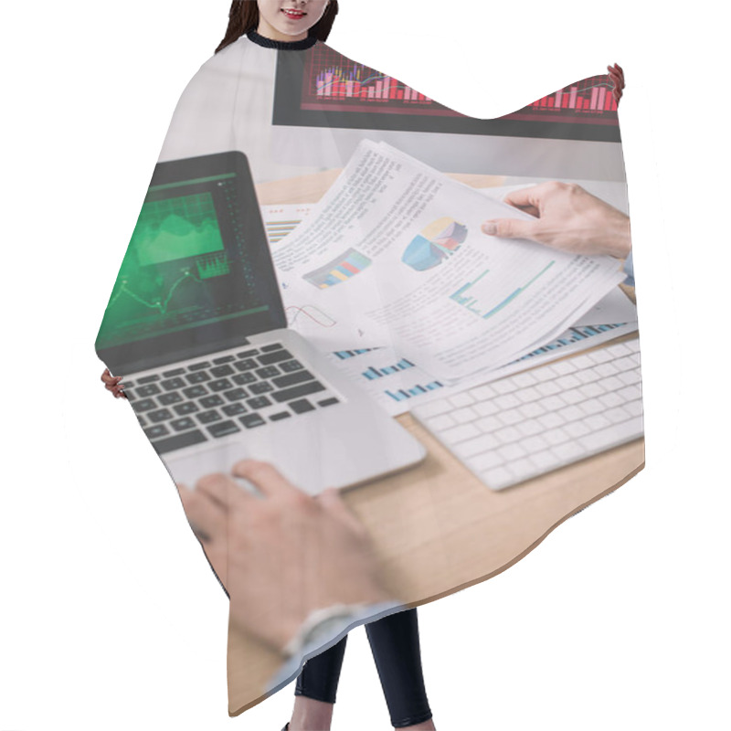 Personality  Cropped View Of Data Analyst Using Laptop And Papers With Graphs While Testing Security Of Computer Systems  Hair Cutting Cape