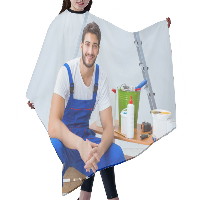 Personality  Repairman Doing Renovation Repair In The House With Paper Wallpa Hair Cutting Cape