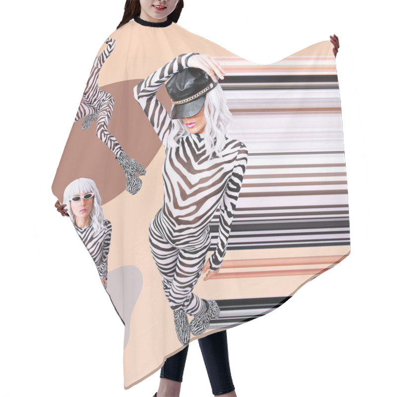 Personality  Contemporary Digital Funky Minimal Collage Poster. Fashion Zebra Ladies Look. Back In 90s. Pop Art Zine Fashion, Music, Clubbing Culture. Hair Cutting Cape