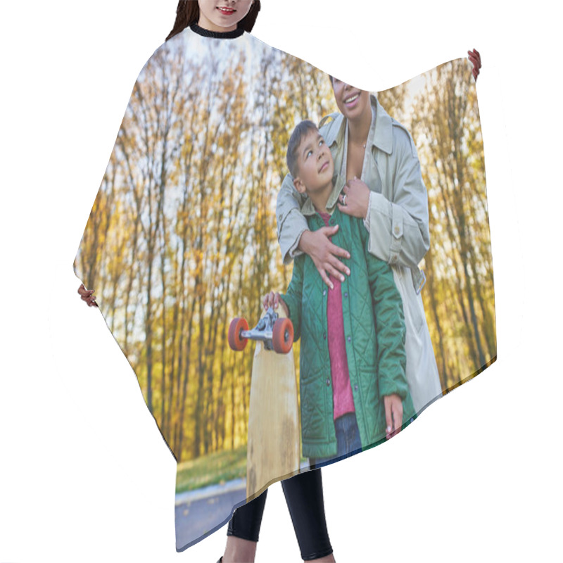 Personality  Happy African American Woman Hugging Son With Penny Board, Autumn, Fall Season, Motherly Love, Park Hair Cutting Cape