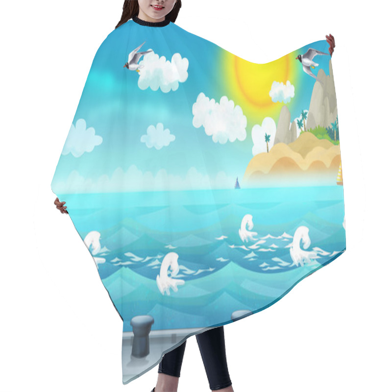 Personality  Cartoon Background Of A Sea And Docking Station For Ships Hair Cutting Cape