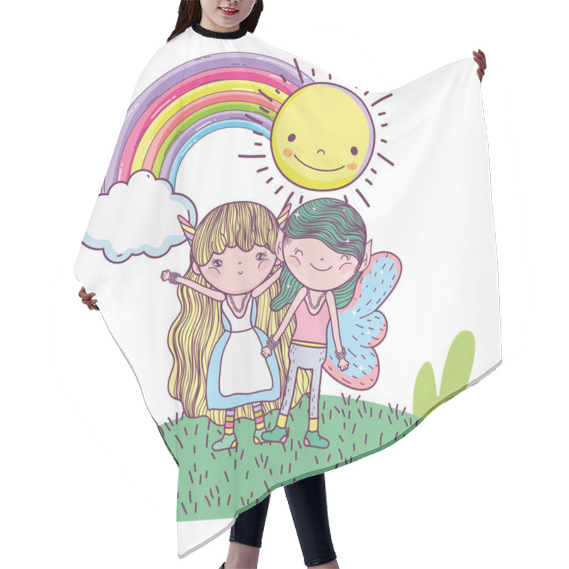 Personality  Cute Little Fairies Couple With Rainbow And Sun Vector Illustration Design Hair Cutting Cape