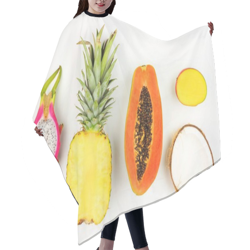 Personality  Tropical Fruit Flat Lay With Cut Pineapple, Dragon Fruit, Papaya, Mango, And Coconut On A White Background Hair Cutting Cape