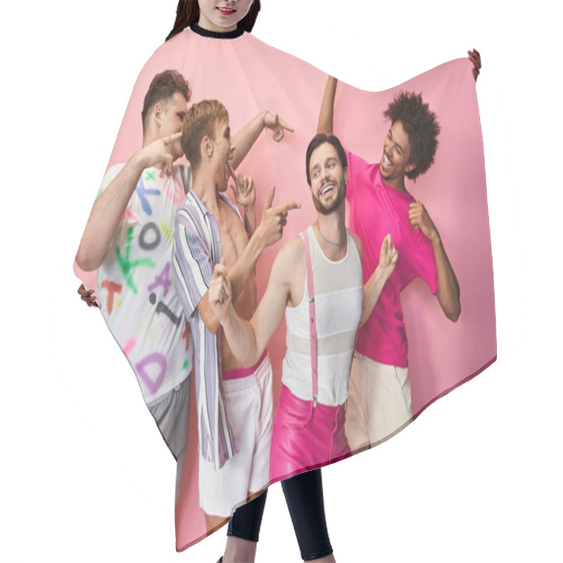 Personality  Four Friends Joyfully Celebrate Their Identities While Posing Against A Vivid Pink Backdrop. Hair Cutting Cape