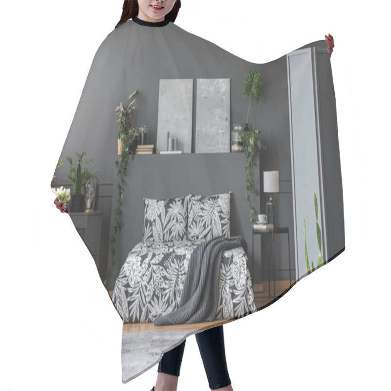 Personality  Floral Pattern Black Bedding In A Stylish, Dark Gray Bedroom Interior With Plants And Elegant Furniture Hair Cutting Cape