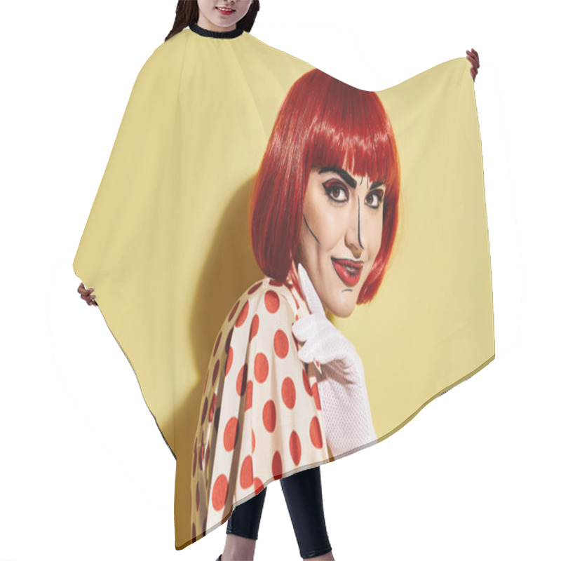 Personality  A Redhead Woman In A Polka Dot Dress Poses Against A Vibrant Yellow Background, Exuding A Whimsical Comic Character Vibe. Hair Cutting Cape