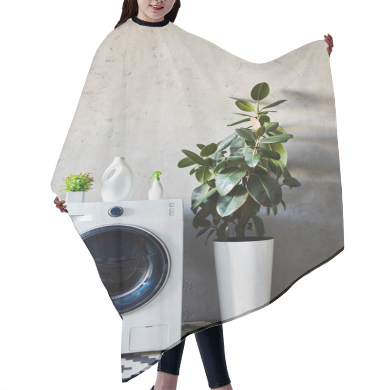 Personality  Plant And Bottles On White Washing Machine Near Ornamental Carpet In Modern Bathroom  Hair Cutting Cape