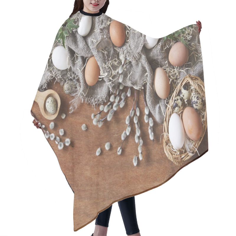 Personality  Close-up Of Brown Bird Eggs With Quail Eggs With Grey Scarf On Wooden Background. Happy Easter Holiday Hair Cutting Cape