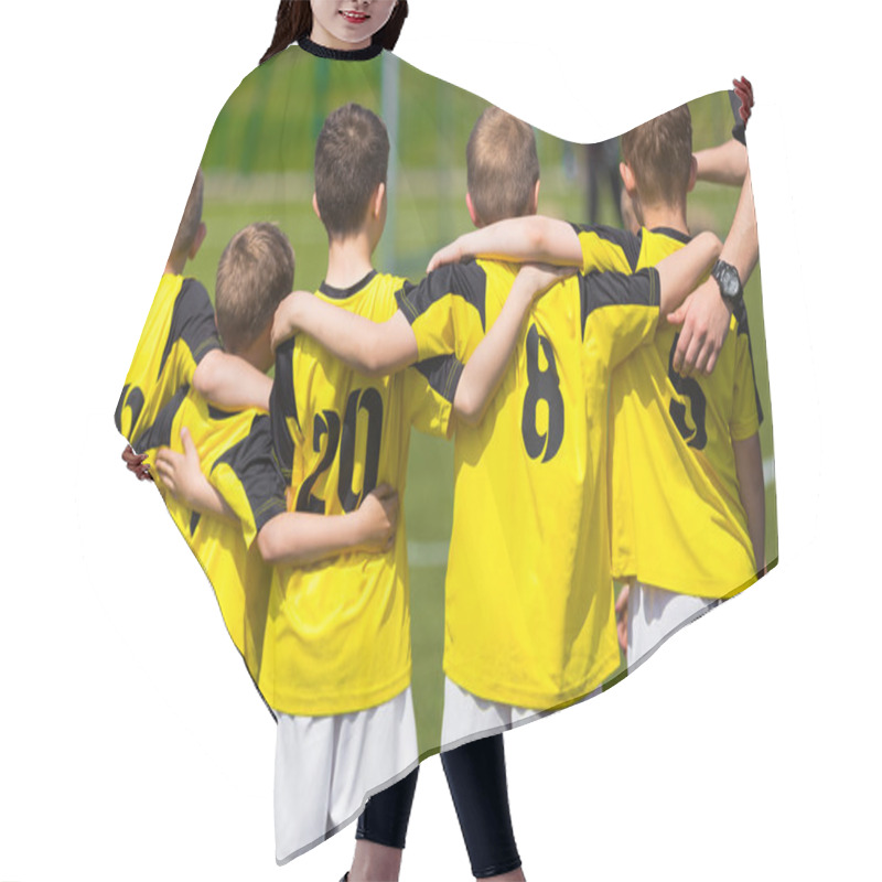 Personality  Young Sport Team With Coach On Sports Field. Football; Soccer; Hockey Teamwork Hair Cutting Cape