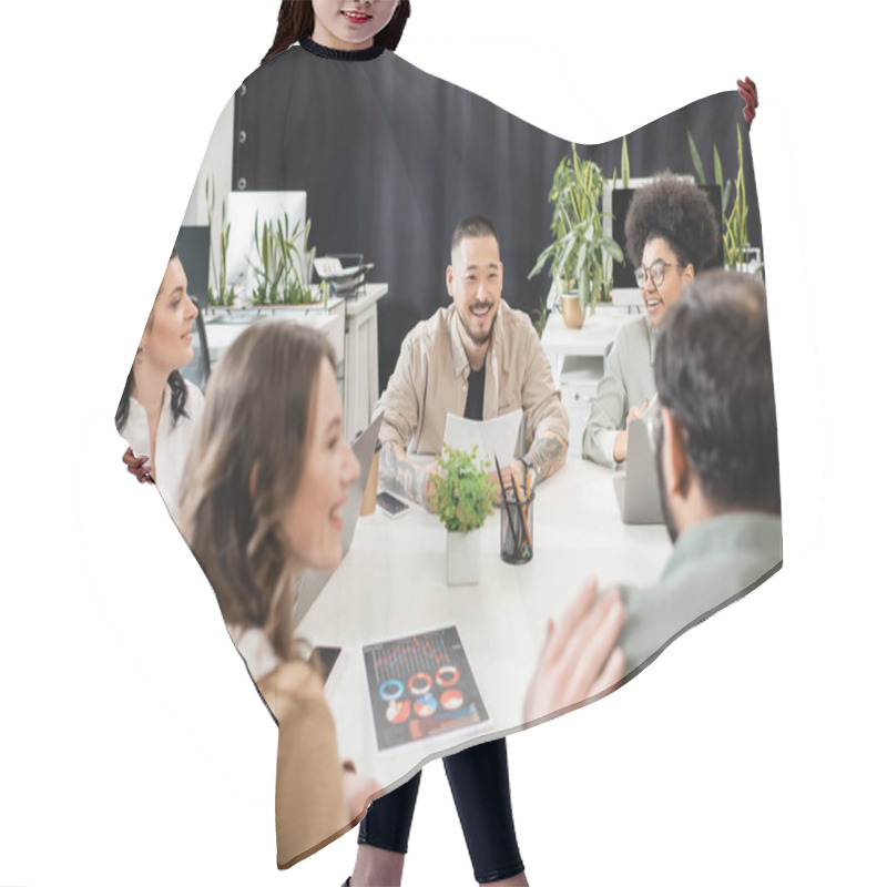 Personality  Happy Multicultural Business People Discussing Project And Brainstorming Near Team Lead In Office Hair Cutting Cape