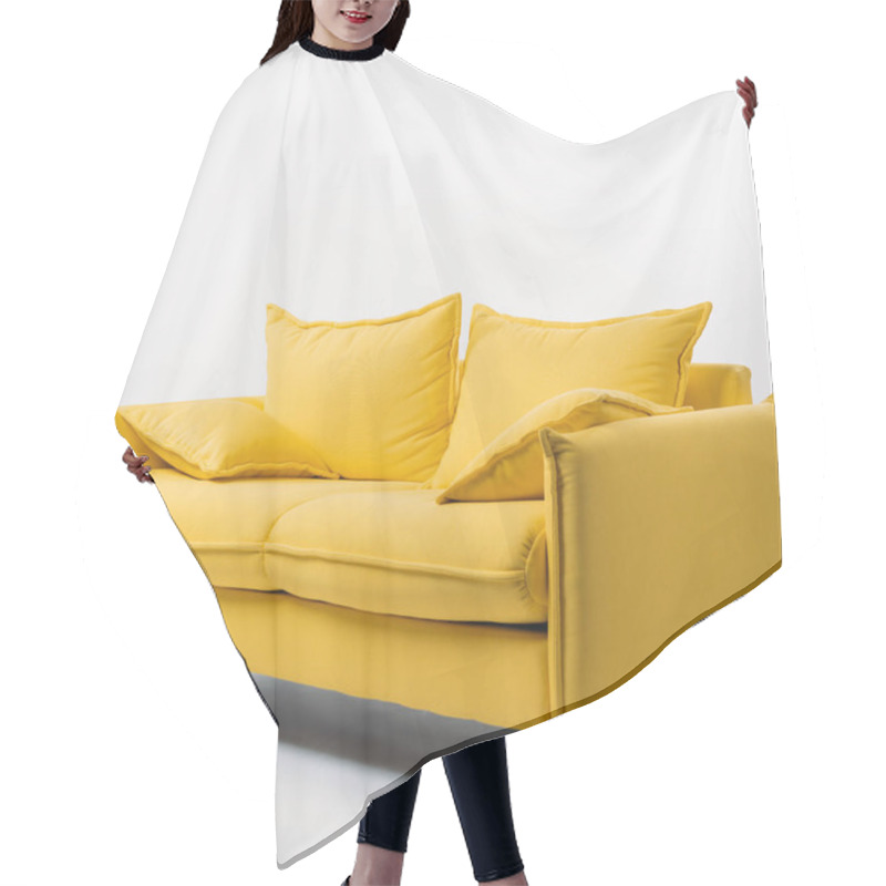 Personality  Studio Shot Of Yellow Couch With Pillows, On White Hair Cutting Cape