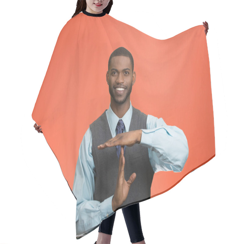 Personality  Executive Man Giving Time Out Gesture With Hands Hair Cutting Cape