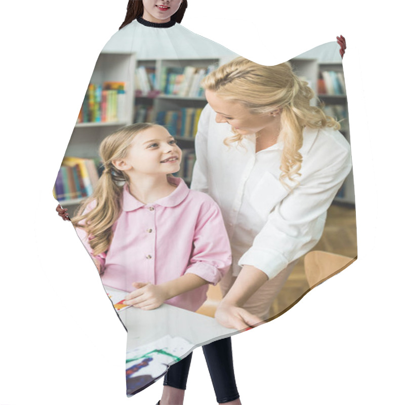 Personality  Selective Focus Of Beautiful Woman Standing Near Happy Kid With Pencil  Hair Cutting Cape