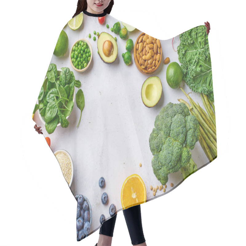 Personality  Creative Flat Lay With Healthy Vegetarian Organic Fruits And Nuts With Berries And Vegetables . Vegan Menu Frame  Hair Cutting Cape