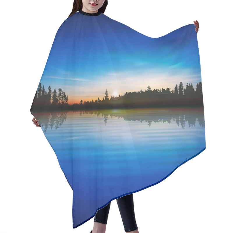 Personality  Abstract Nature Blue Background With Forest Lake And Sunrise Hair Cutting Cape