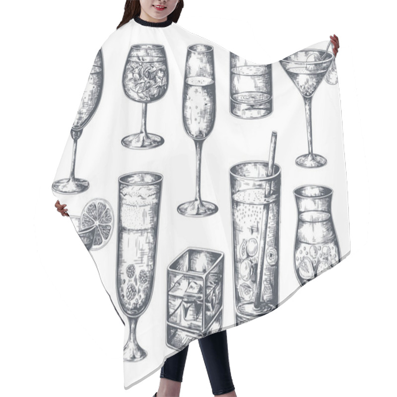 Personality  Hand Drawn Cocktails. Glasses With Alcoholic Drinks Tonic And Lemonade, Martini Gin Rum And Tropical Beverages. Vector Isolated Sketch Hair Cutting Cape