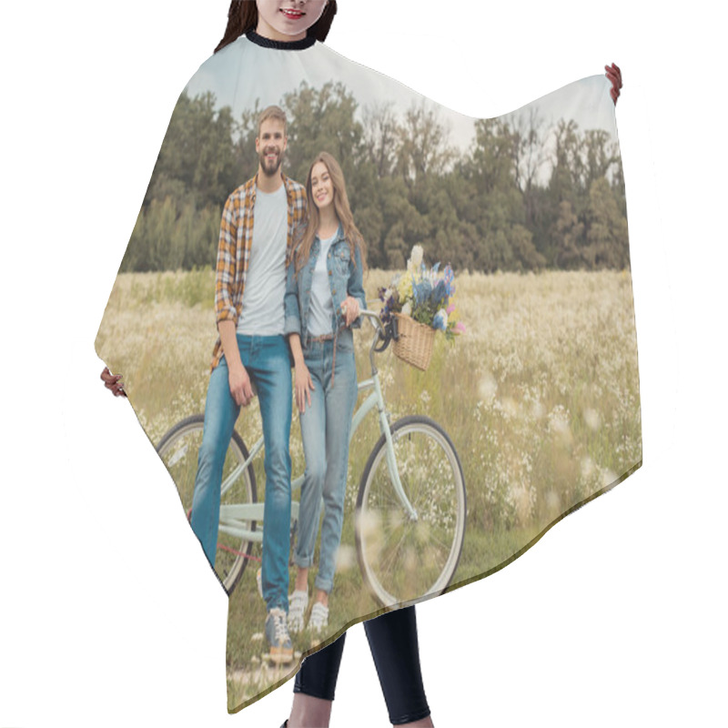 Personality  Young Lovers With Retro Bicycle In Field With Wild Flowers Hair Cutting Cape