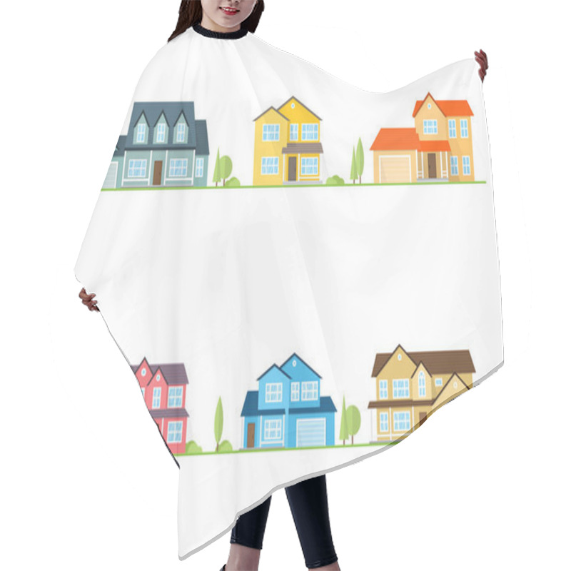 Personality  Neighborhood With Homes Illustrated On White. Hair Cutting Cape