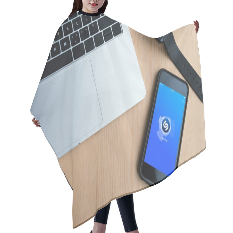 Personality  Top View Of Laptop, Smartwatch And Smartphone With Shazam App On Screen Hair Cutting Cape