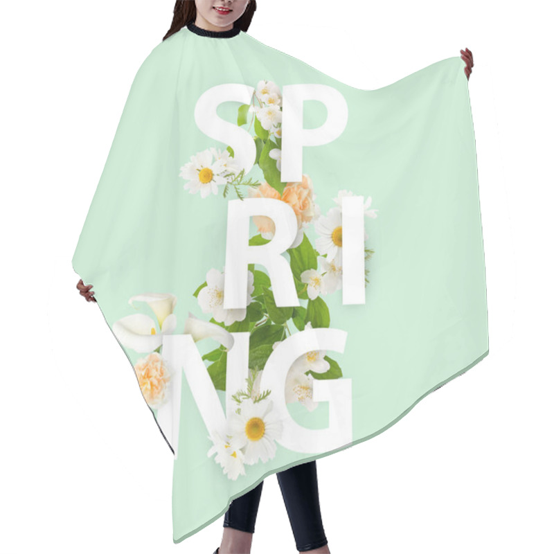 Personality  Word SPRING And Beautiful Flowers On Light Green Background Hair Cutting Cape