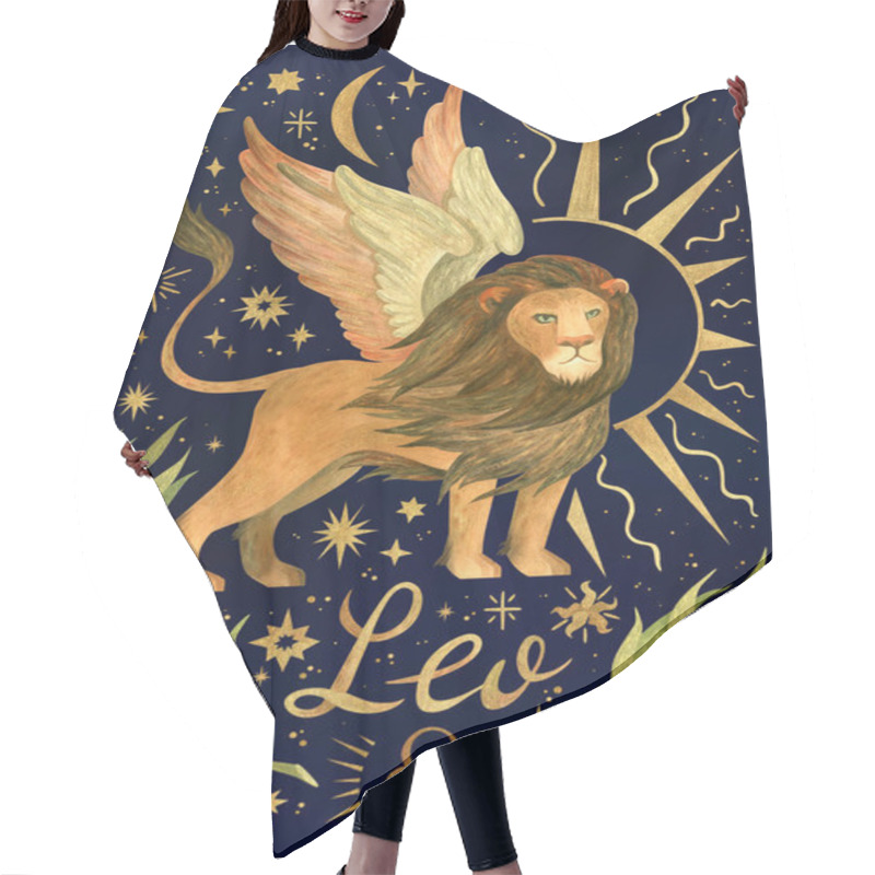 Personality  Leo Zodiac Sign, Astrology Posters. Vertical Printable Wall Art For Birthday Gifts. Large Size, Watercolor Clipart On Dark Celestial Background Hair Cutting Cape