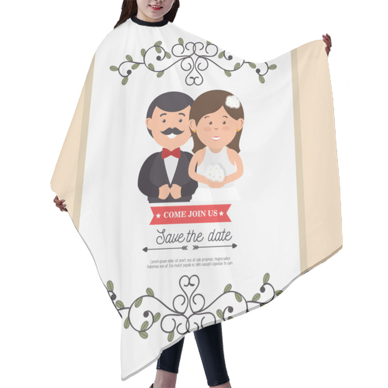 Personality  Cute Cartoon Bride Groom Weddign Card Design Graphic Hair Cutting Cape