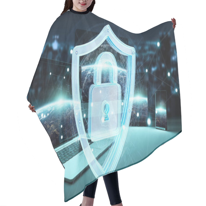 Personality  Antivirus Interface Over Modern Tech Devices 3D Rendering Hair Cutting Cape