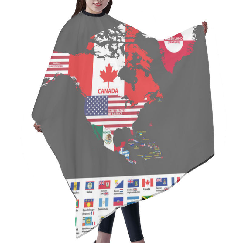 Personality  Vector Illustration Of North America Map (include Northern America, Central America And Caribbean Regions) With Country Names And Flags Of Countries. Hair Cutting Cape