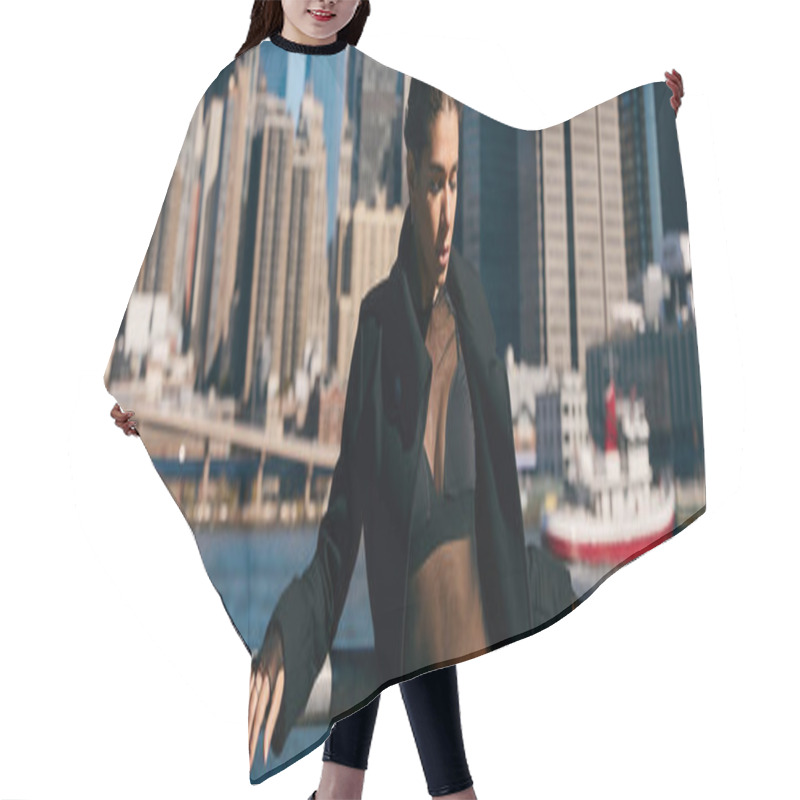 Personality  A Young Woman Poses Against The Backdrop Of New York Citys Skyline. Hair Cutting Cape