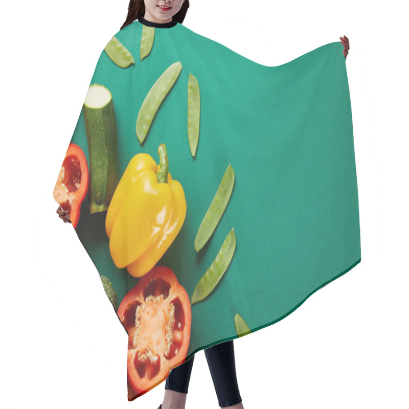 Personality  Top View Of Fresh Vegetables On Green Background With Copy Space Hair Cutting Cape