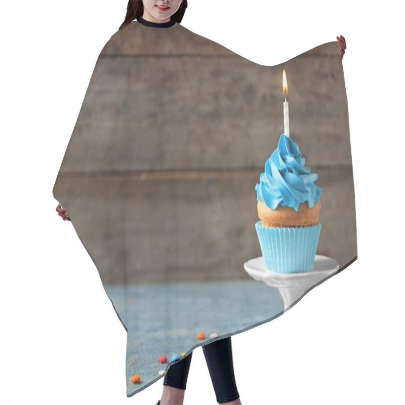 Personality  Delicious Birthday Cupcake With Candle On Table Hair Cutting Cape