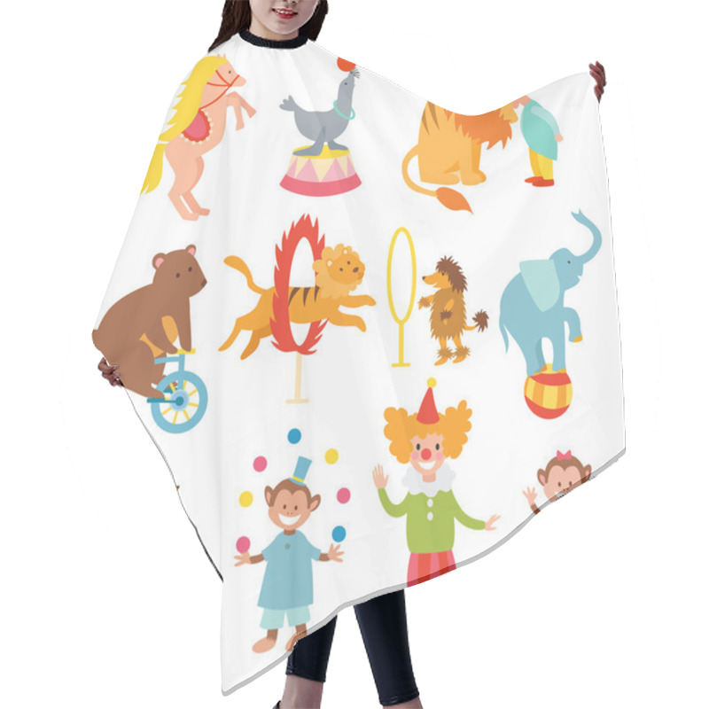 Personality  Cute Circus Animals And Funny Clowns Collection Vector Illustration. Hair Cutting Cape