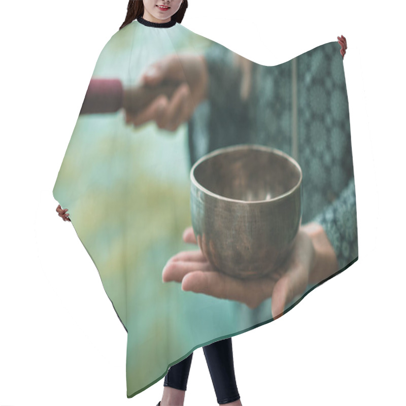 Personality  Woman Holding Tibetan Singing Bowl Hair Cutting Cape