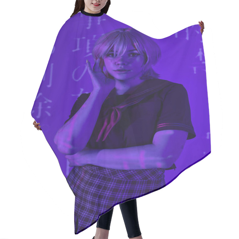 Personality  Woman In Blonde Wig And School Uniform In Blue Neon Light With Hieroglyphs Projection, Anime Trend Hair Cutting Cape