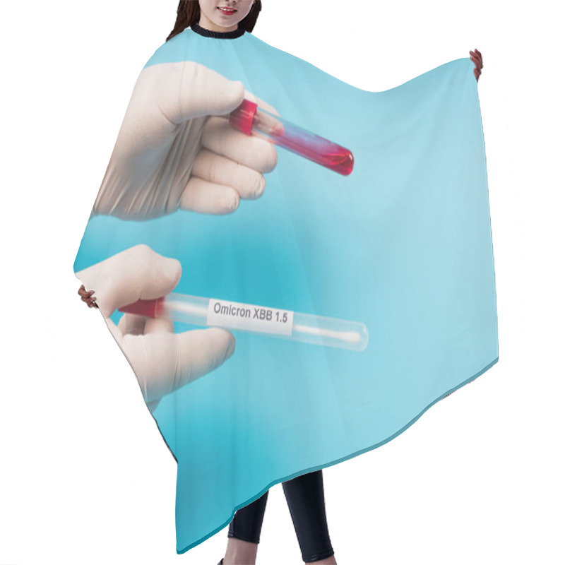 Personality  Cropped View Of Doctor In Latex Gloves Holding Blood Sample And Cotton Swab With Omicron Lettering On Blue Background  Hair Cutting Cape